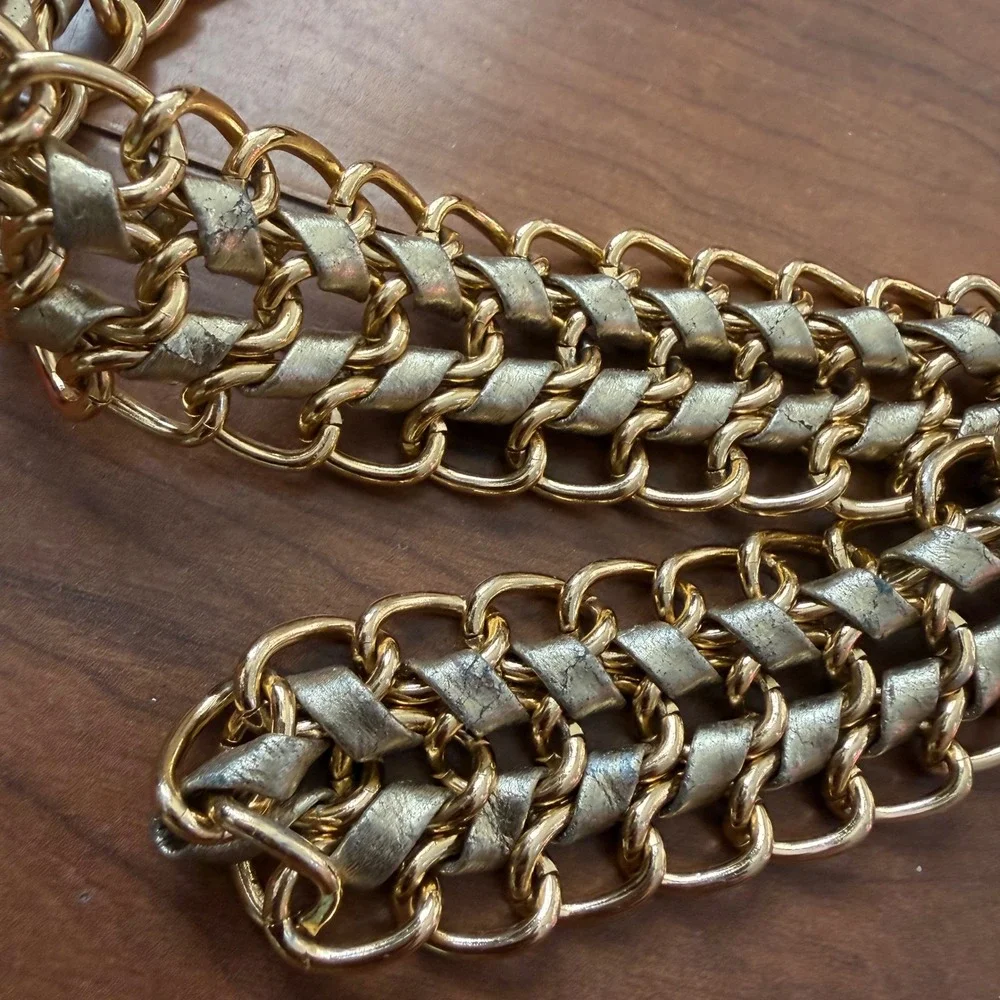 Vintage Gold Multi Strand Woven Chain Belt Y2K Silver Metallic Interlace M/L